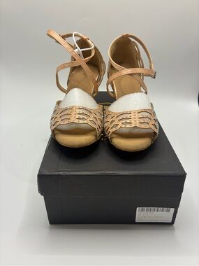 Dance and Sway Custom Ballroom Tan Satin Rhinestone Strappy Sandals US 6 UK 4